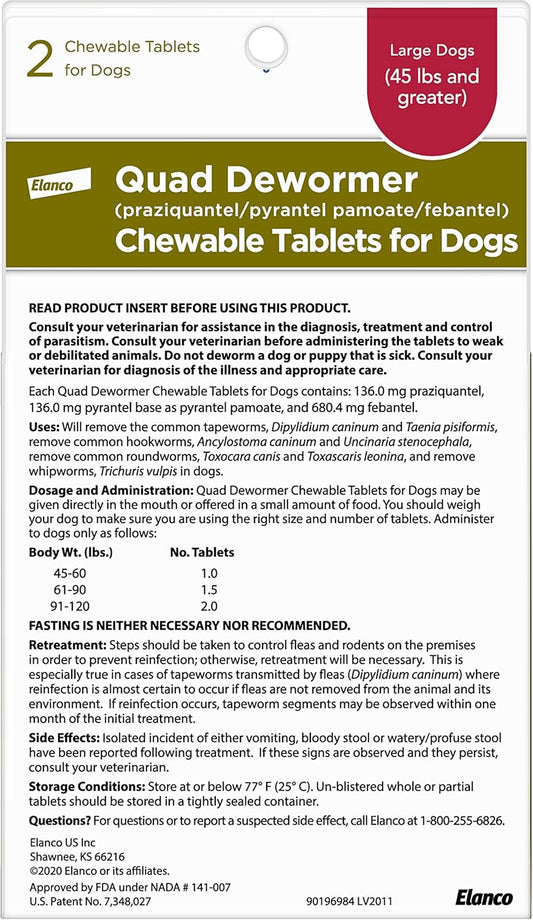 Elanco, Chewable Quad Dewormer for Large Dogs, 45 lbs and over, 2 chewable tablets