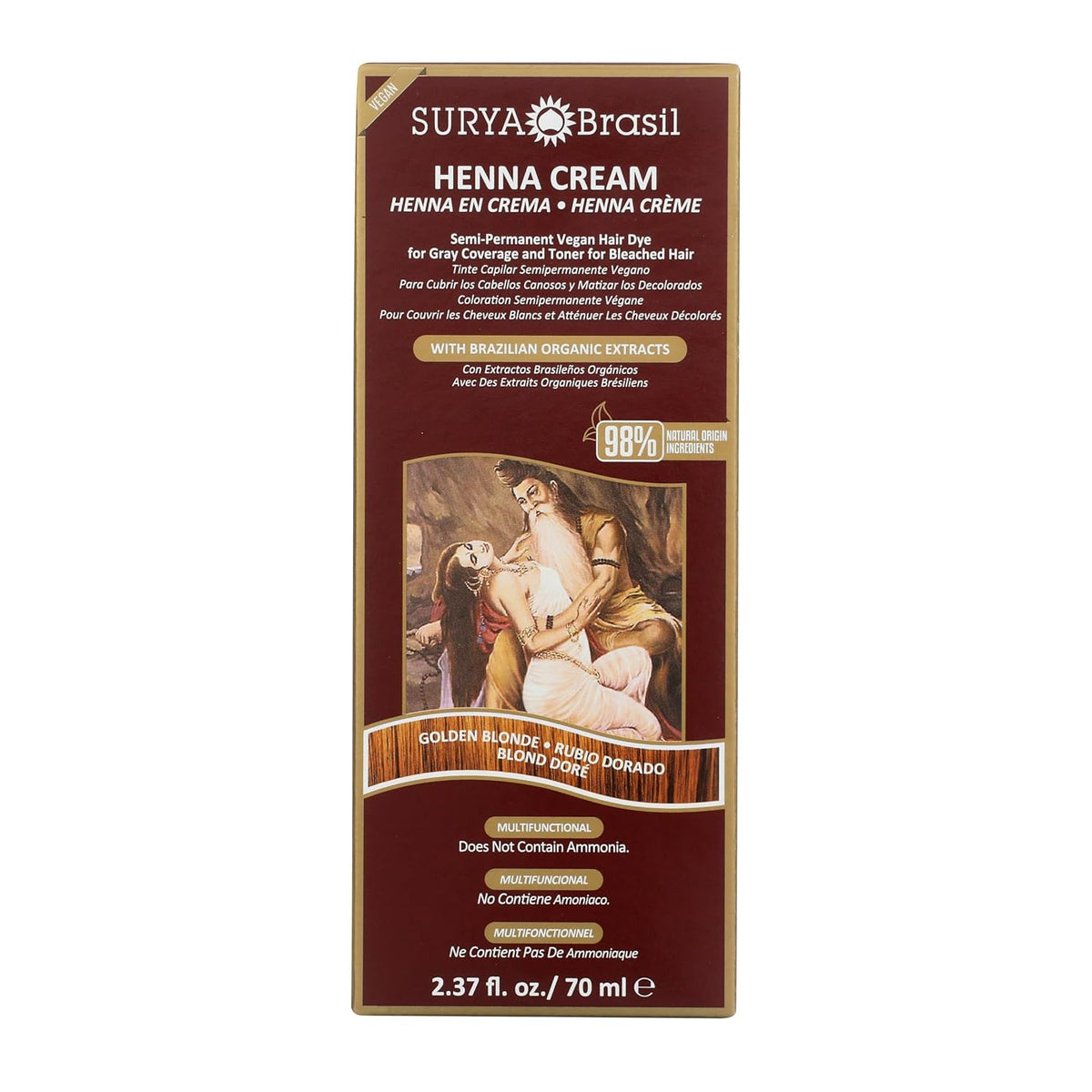 Surya Brasil, Henna Cream Golden Blonde - 98% Natural Ingredients, Vegan, Cruelty-Free, Eco-Friendly, Semi-Permanent Hair Color, Deep Hydration & Shine, 2.37 Fl Oz