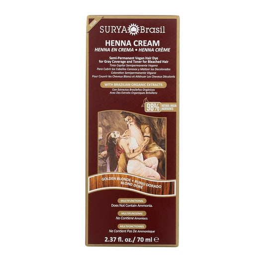 Surya Brasil, Henna Cream Golden Blonde - 98% Natural Ingredients, Vegan, Cruelty-Free, Eco-Friendly, Semi-Permanent Hair Color, Deep Hydration & Shine, 2.37 Fl Oz