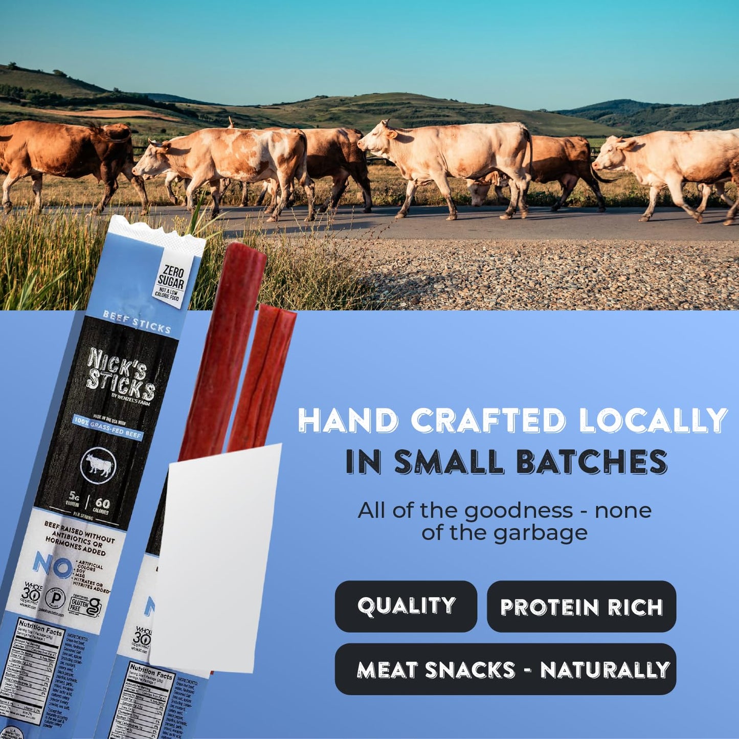 Nick's Sticks, Clean & Balanced 100% Grass-Fed Beef Snack Sticks | Made in the USA | Gluten Free | Paleo, Keto, Whole30 Approved | No Soy, Antibiotics or Hormones (25 – 1.7oz. Packs of 2 Sticks)