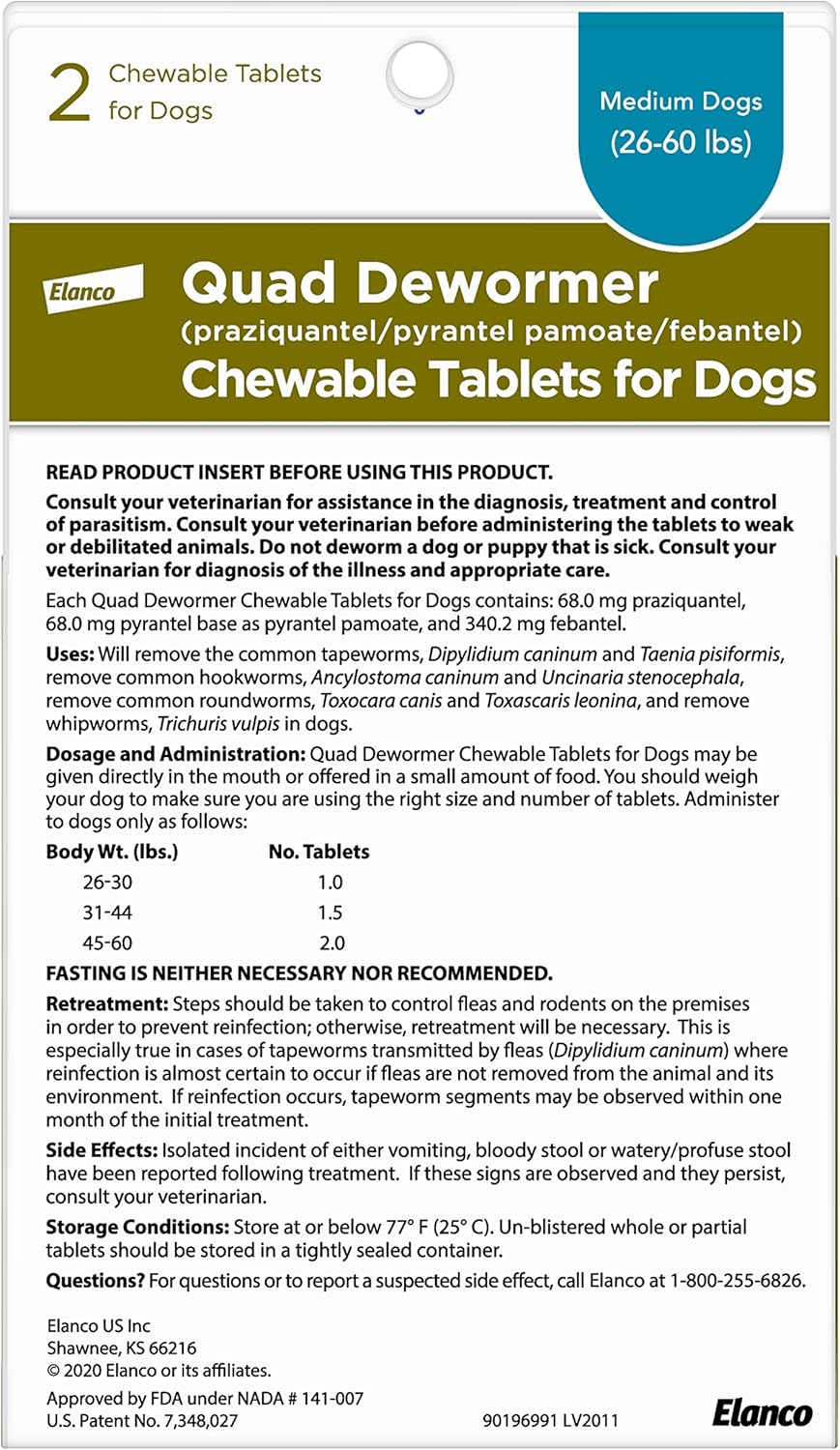 Elanco, Chewable Quad Dewormer for Medium Dogs, 26-60 lbs, 2 chewable tablets