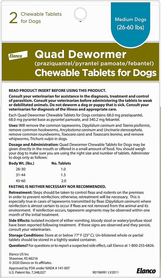 Elanco, Chewable Quad Dewormer for Medium Dogs, 26-60 lbs, 2 chewable tablets
