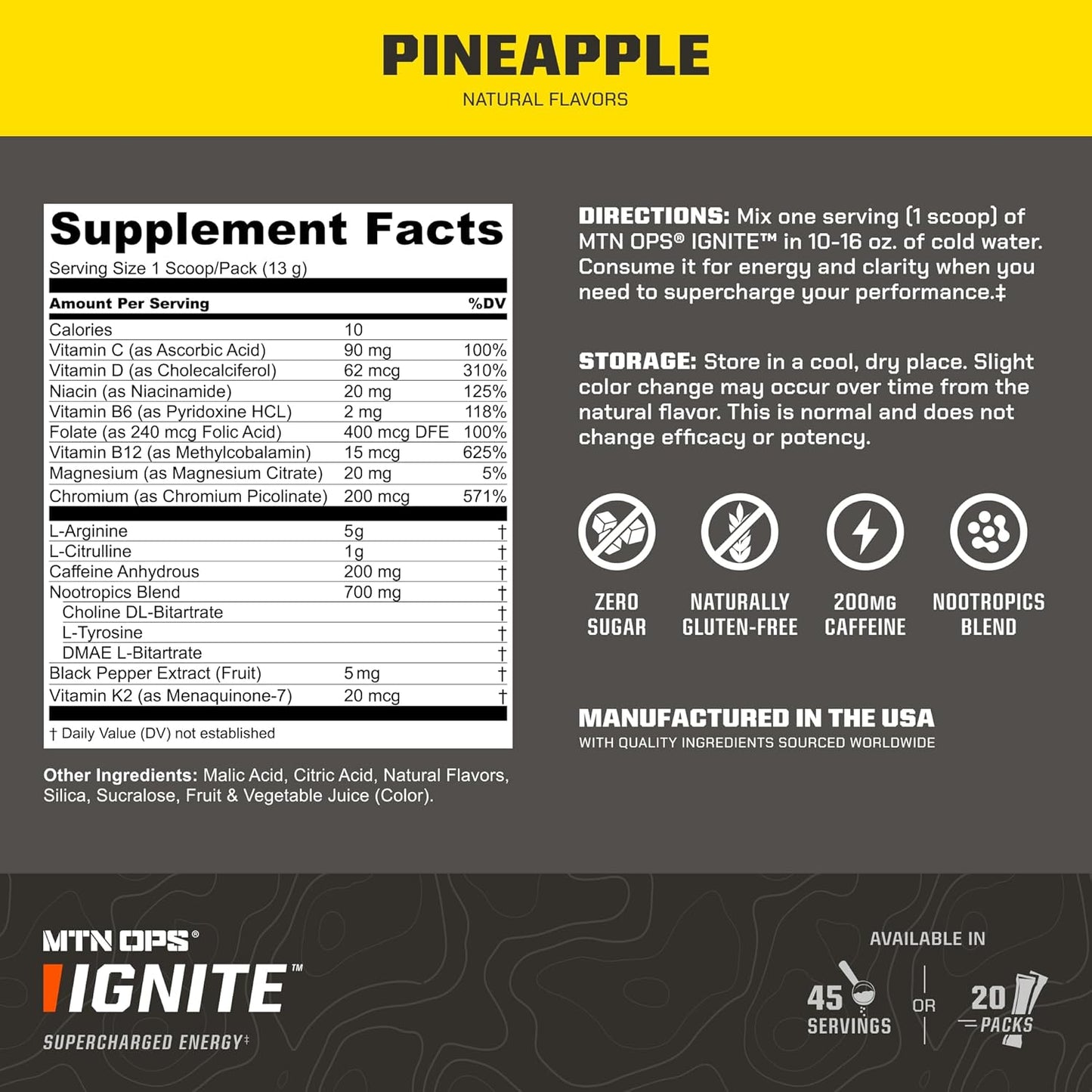 MTN OPS, Ignite Sugar Free Energy Drink Powder with 200mg Caffeine, Nootropic Blend for Energy, Focus & Endurance, L Arginine & L Citrulline Pre Workout, 45 Servings, Pineapple
