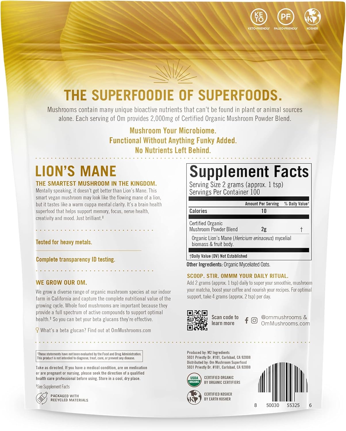 OM, Mushroom Superfood | Lion's Mane | USA Grown Organic Mushrooms | Memory, Focus, Clarity, Nerve Health & Mood Support | 7.05 oz, 100 Servings