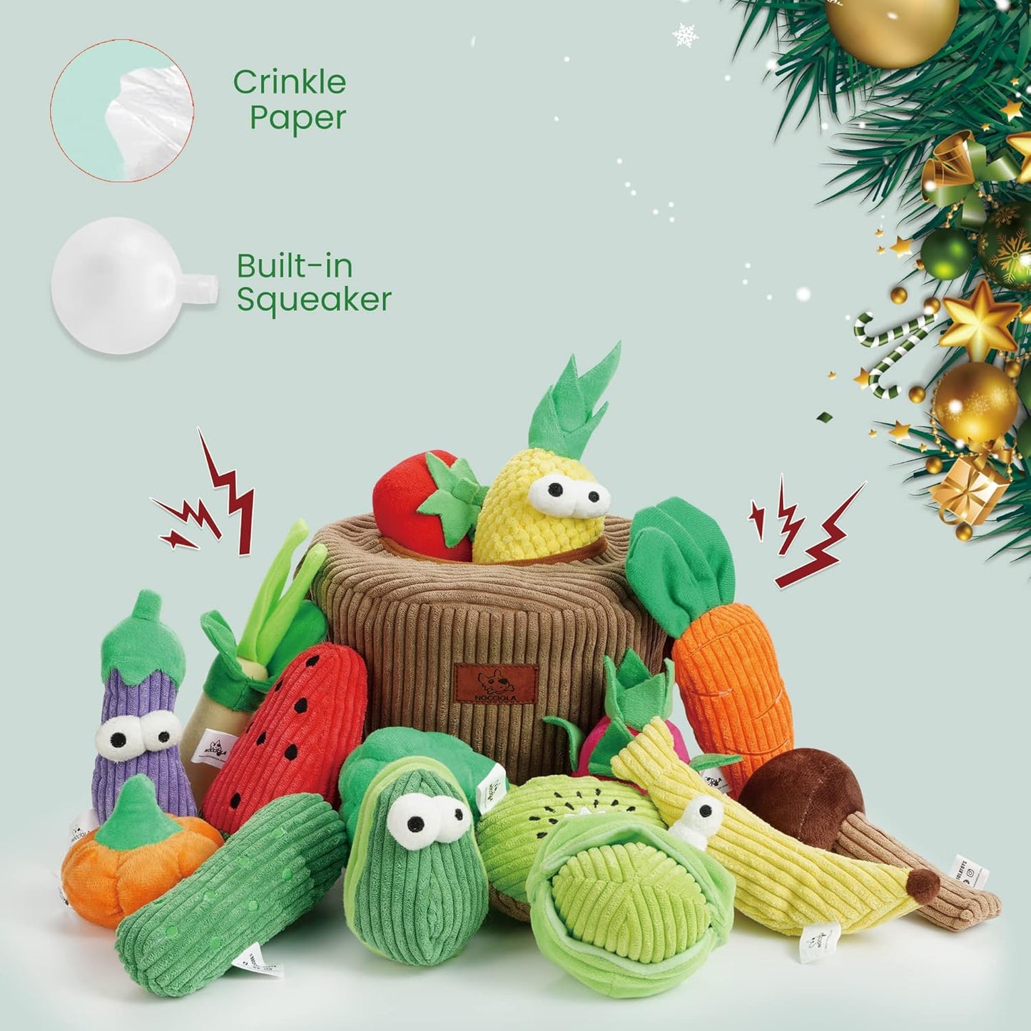 Nocciola, Squeaky Fruits Veggies Stuffed Dog Toys Pack- Hide Seek Grocery Basket Crinkle Plush Puppy Toys to Keep Busy, Birthday Pet Supplies Gifts for Small Medium Breeds