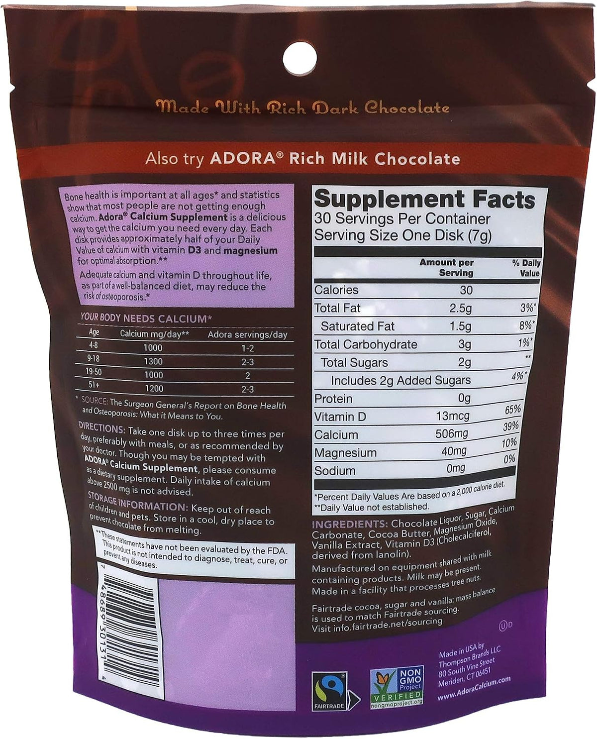 Adora, Calcium Supplement, Fairtrade Dark Chocolate, Single Pack - 30 ct