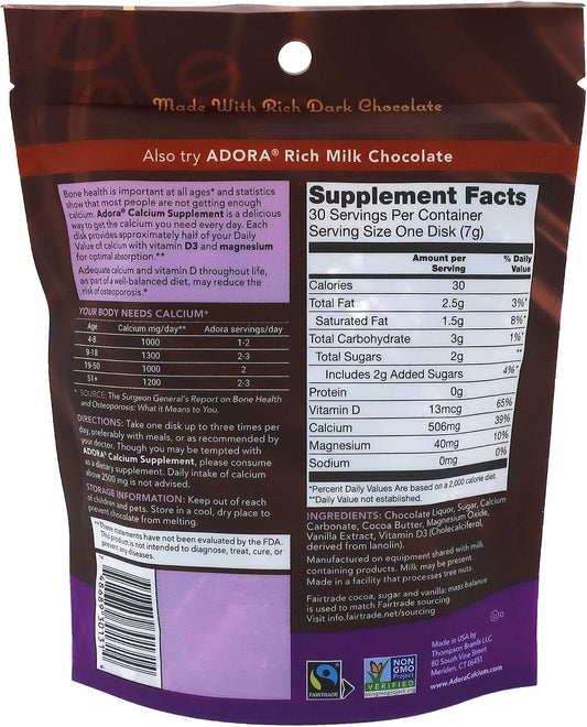 Adora, Calcium Supplement, Fairtrade Dark Chocolate, Single Pack - 30 ct
