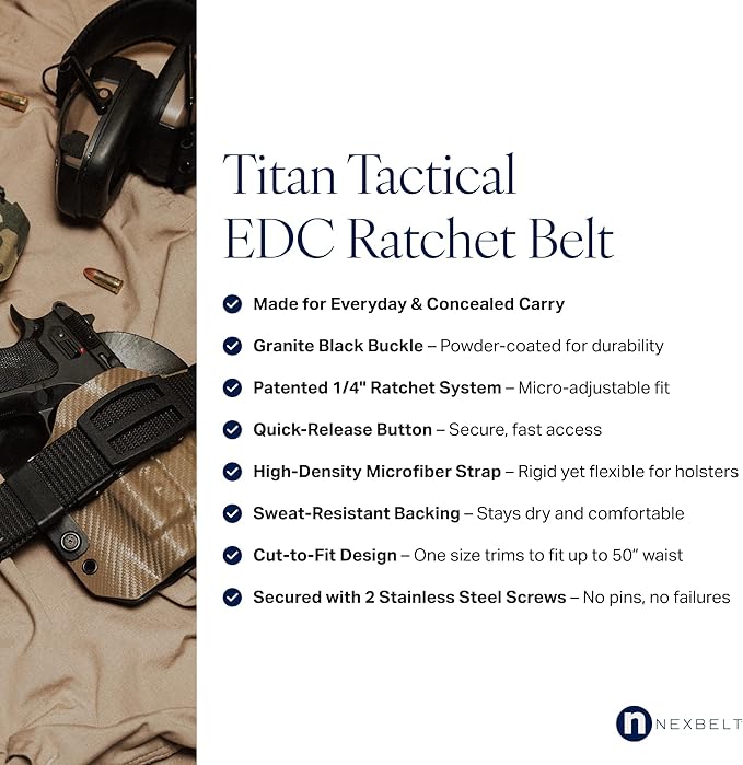 Nexbelt, Titan Ratchet EDC Tactical Gun Belt – 1.5" Micro-Adjustable Strap, Quick-Release, Fits Up to 50" Waist, IWB/OWB