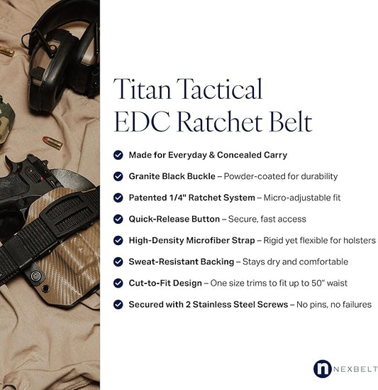 Nexbelt, Titan Ratchet EDC Tactical Gun Belt – 1.5" Micro-Adjustable Strap, Quick-Release, Fits Up to 50" Waist, IWB/OWB