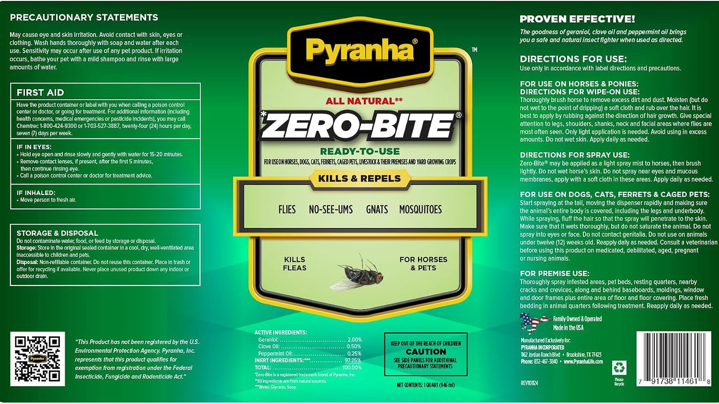 PYRANHA, Zero-Bite All Natural Fly Spray - Ready to Use Water Based Repellent for Horses, Dogs, Cats, Ferrets, Caged Pets, Livestock | Repels Flies, Gnats, Mosquitoes, No-See-UMS