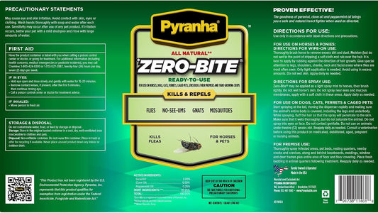 PYRANHA, Zero-Bite All Natural Fly Spray - Ready to Use Water Based Repellent for Horses, Dogs, Cats, Ferrets, Caged Pets, Livestock | Repels Flies, Gnats, Mosquitoes, No-See-UMS