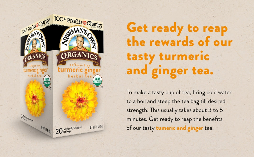Newman's Own Organic, Turmeric Ginger Herbal Tea, Caffeine-Free, Savory & Spicy Flavors Combined For The Perfect Cup Of Tea, 6 Pack Of 20 Tea Bags Individually Wrapped, 120 Teabags Total
