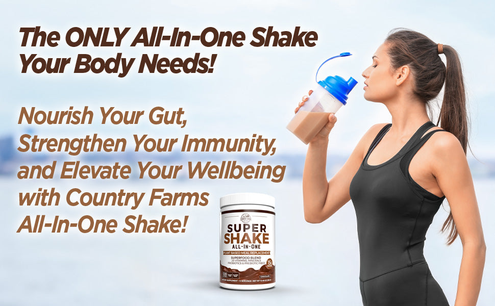 Country Farms, All-in-One Super Shake Meal Replacement 15g Plant Protein Dietary Supplement with Superfoods, Vitamins, Probiotics and Prebiotics, 12 Servings, Chocolate, 12.48 Oz