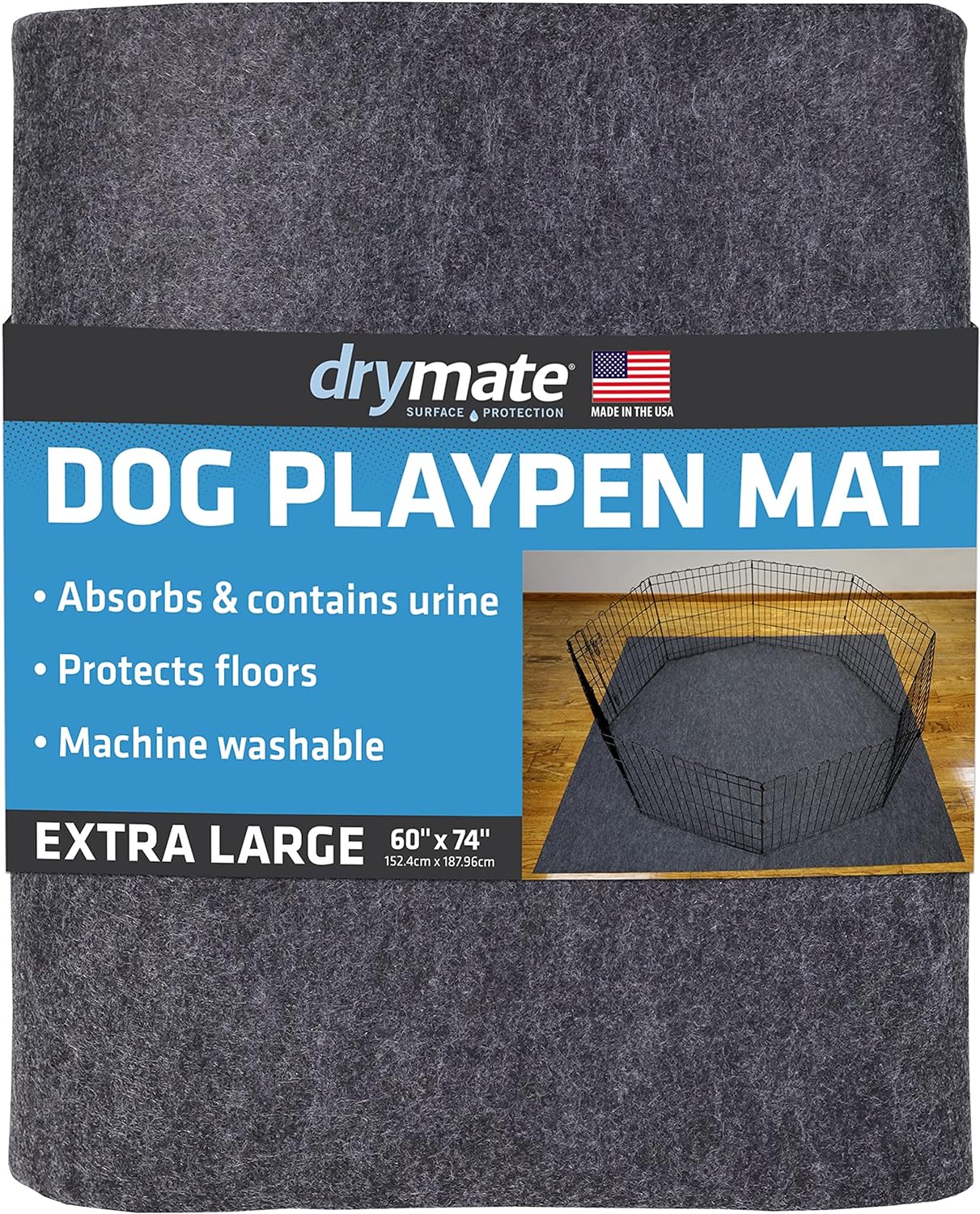 Drymate Dog Playpen Mat, Absorbent, Waterproof, Non-Slip, Machine Washable, XL Size (60” x 74”), Reusable Puppy Pad for Training, Whelping, Housebreaking, Incontinence, and Crate/Kennel (USA Made)