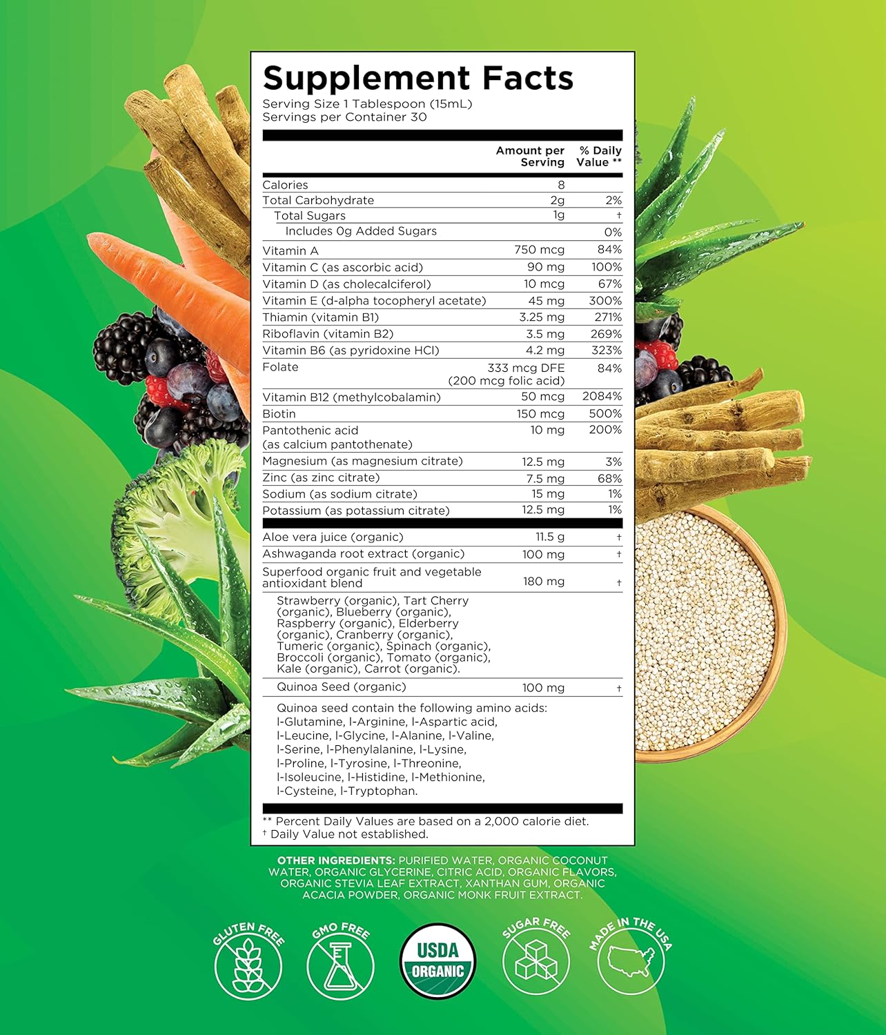 BoostMe, Organic Golden Elixir – Liquid Multivitamin with Ashwagandha, Amino Acids, Aloe Vera, Vegetables, Superfruits & Antioxidants | 100% Organic | Nutrient-Rich Daily Support