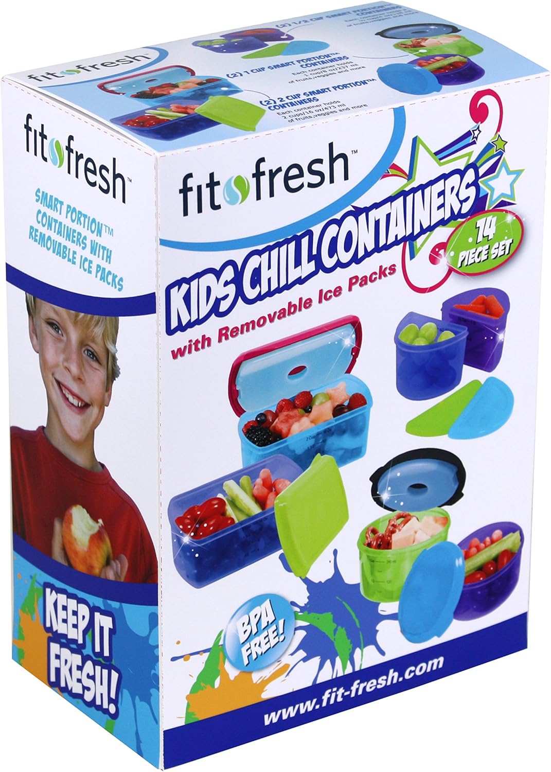 Fit & Fresh, Kids' Reusable Lunch Box Container Set with Built-In Ice Packs, 14-Piece Healthy Lunch and Snack Kit, BPA-Free Microwave Safe, Portion Control