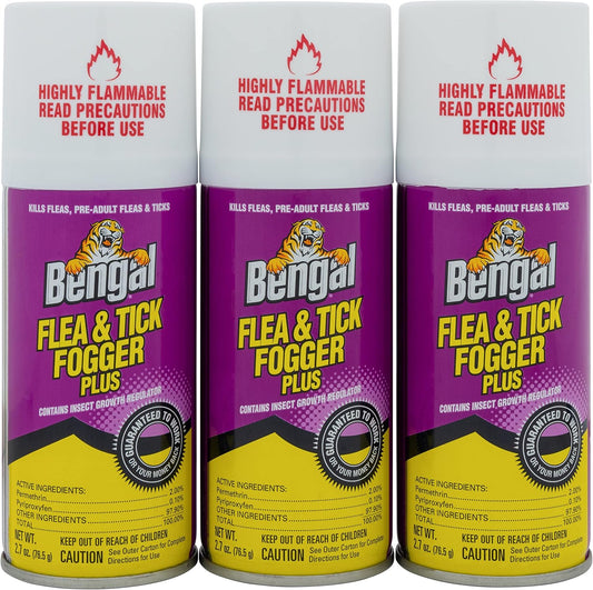 Bengal, Flea and Tick Fogger Plus – 3 Pk Odorless Spray Treatment for Home Infestations – 12 Week Insect Killer, 3x2.7 oz