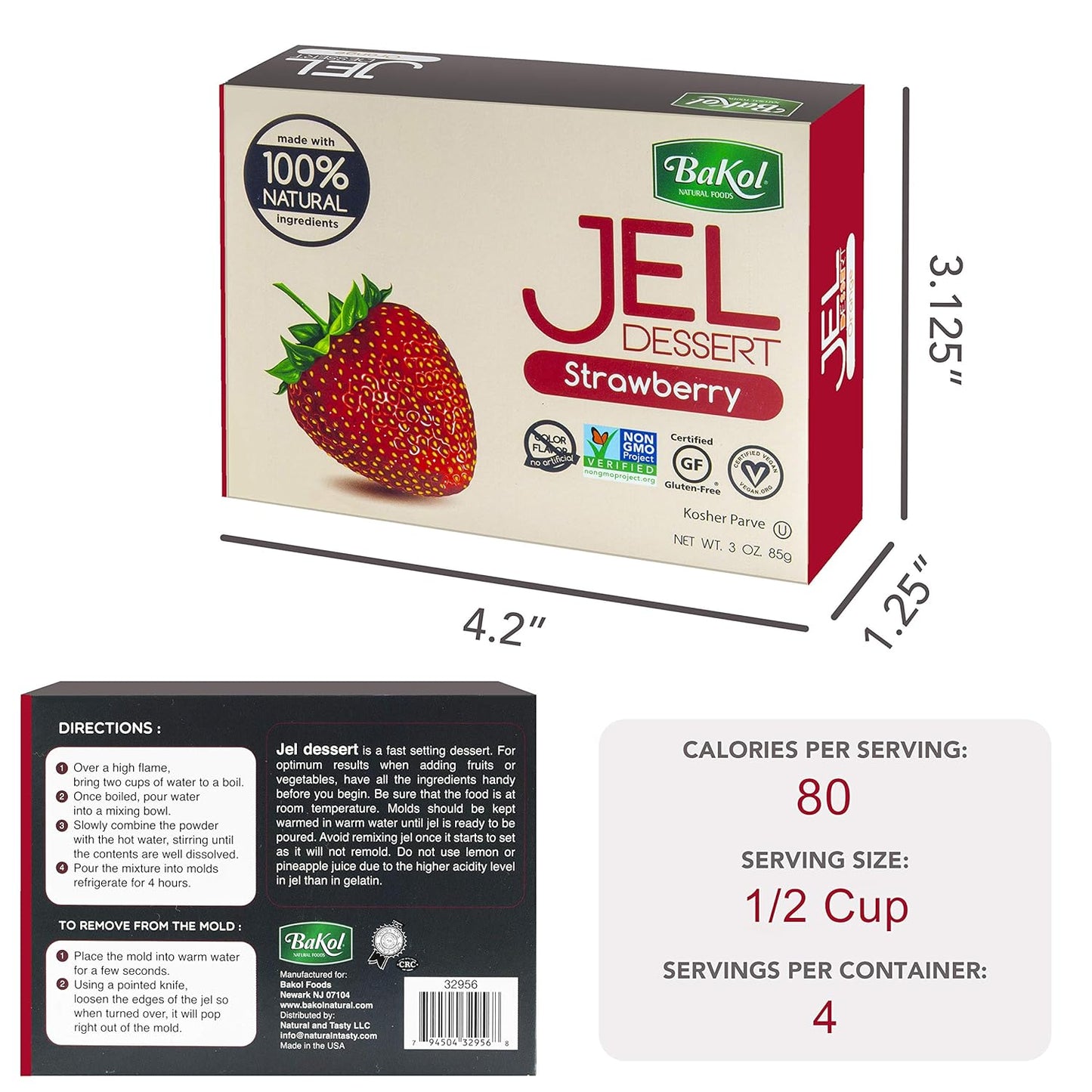 Bakol, Jel Dessert - All Natural Vegan Dessert Mix - Kosher - Halal - No Artificial Sweeteners Flavors or Colors - Strawberry Flavor (PACK OF 12)