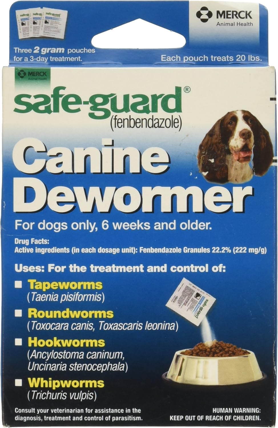 Merck, SAFE-GUARD (fenbendazole) Canine Dewormer for Dogs, 2gm pouch (ea. pouch treats 20lbs.), Blue, 0.07 Ounce (Pack of 3) (033576/001-033576)