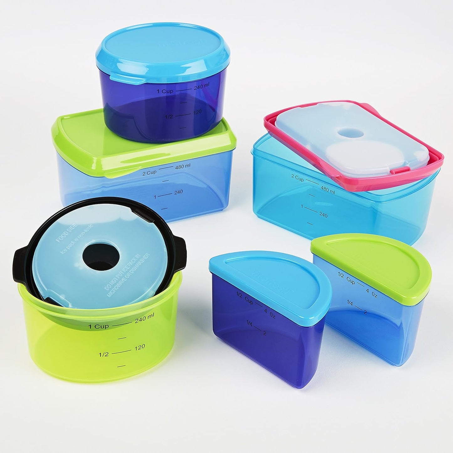 Fit & Fresh, Kids' Reusable Lunch Box Container Set with Built-In Ice Packs, 14-Piece Healthy Lunch and Snack Kit, BPA-Free Microwave Safe, Portion Control