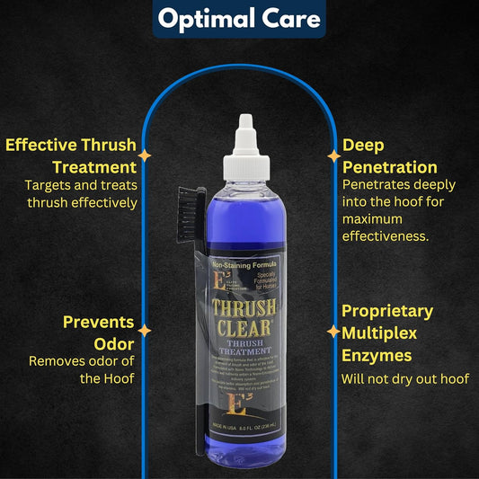 E3, Thrush Clear for Horses - 8oz - Non-Staining Quick Acting Formula. Horse Thrush Treatment. Hoof Hardener. Applicator Brush Included.