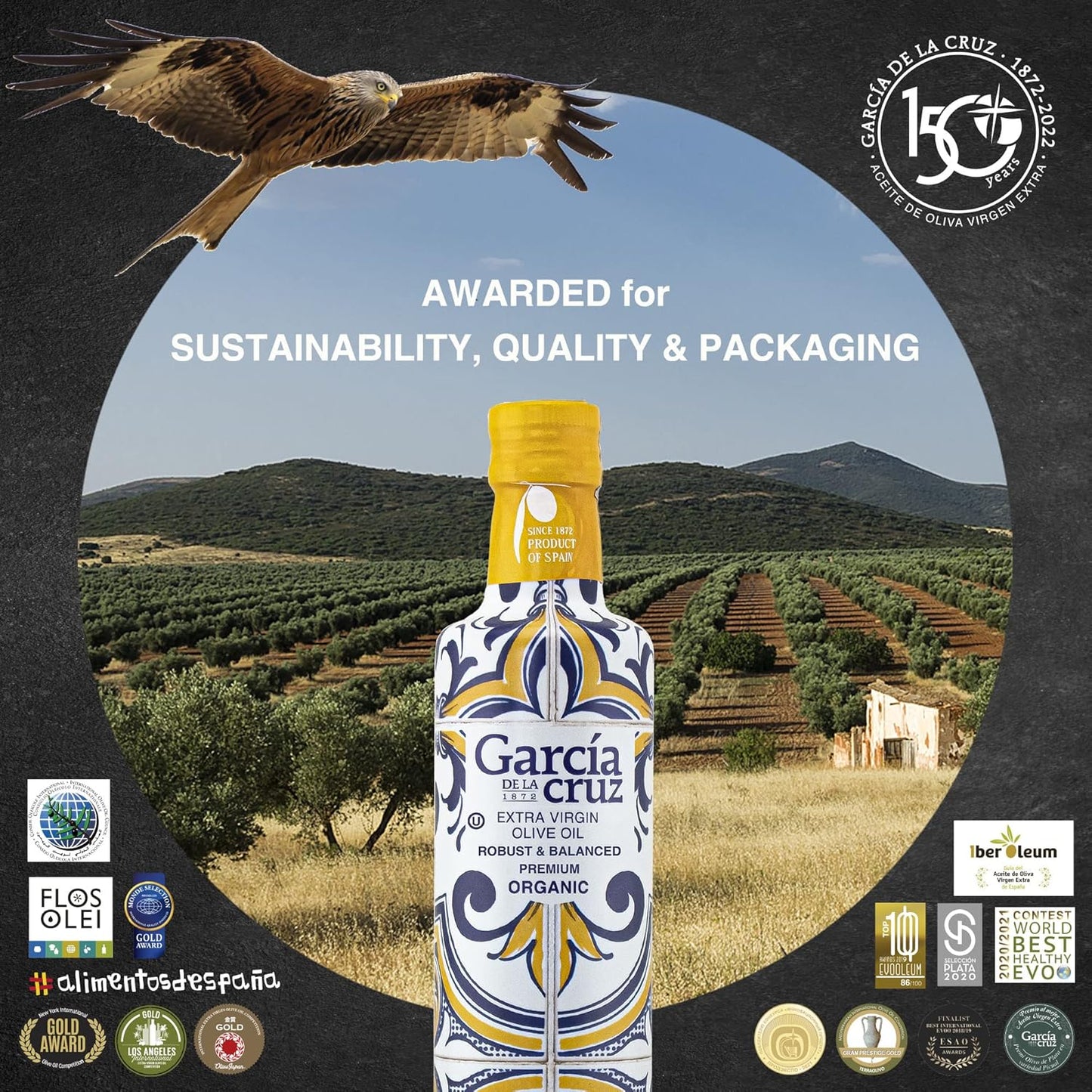 GARCÍA DE LA CRUZ, - Organic Extra Virgin Olive Oil, Master Miller Premium Oil, Almond and Tomato Tones, Smooth Body, Sourced in Spain, Montes de Toledo, Glass Bottle - 500 ml