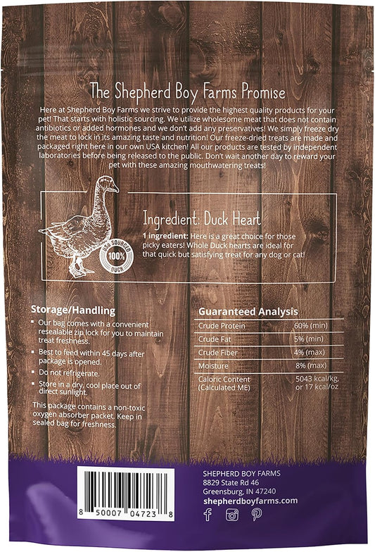 Shepard Boy Farms, Freeze Dried Dog and Cat Treats, Duck Heart, All Natural Freeze-Dried Dog Treat & Dog Snack, Made in USA, High in Protein, Essential Nutrition of Raw Dog Food, Single Ingredient 3oz