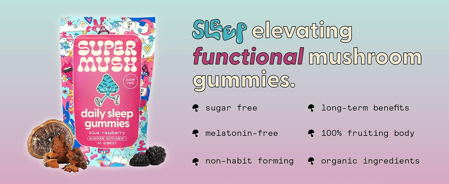SuperMush, Sleep Gummies for Adults - Mushroom Supplement with Magnesium Citrate, L-Theanine, Chaga, Reishi & Chamomile for Deep Sleep, REM & Detox - Vegan & Sugar-Free - 60 Gummies (30 Servings)