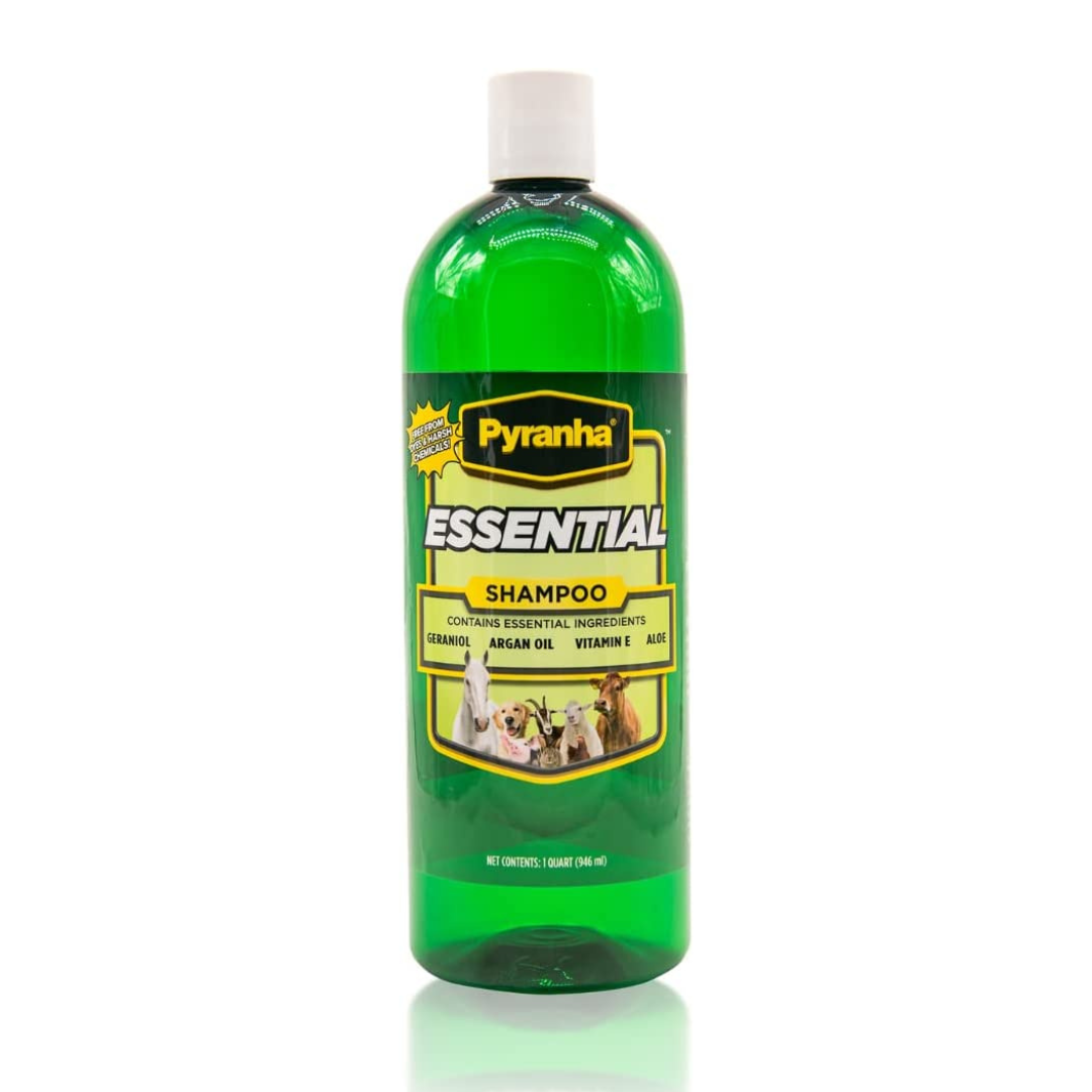 Pyranha Essential Shampoo - With Geraniol, Argain Oil, Vitamin E, Coconut Oil, and Aloe Vera - Die & Paraben Free, Long Lasting Smell, Biodegradable - Shampoo for Horse, Dogs, Cats, and more - 32 OZ