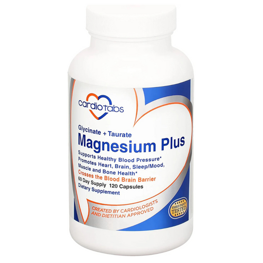 CardioTabs, Magnesium Plus – 200 mg of Magnesium Glycinate and Magnesium Taurate for Blood Pressure, Heart, Brain, Sleep & Mood Support – Highly Concentrated and Well Absorbed - 120 Capsules