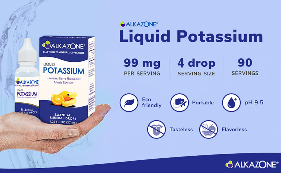 ALKAZONE, Liquid Potassium+ | Liquid Supplements Have Faster Absorption Rate | Concentrated | Easiest Way to take Potassium | Tasteless Flavorless | 1.25 Oz, Clear, Pack of 1
