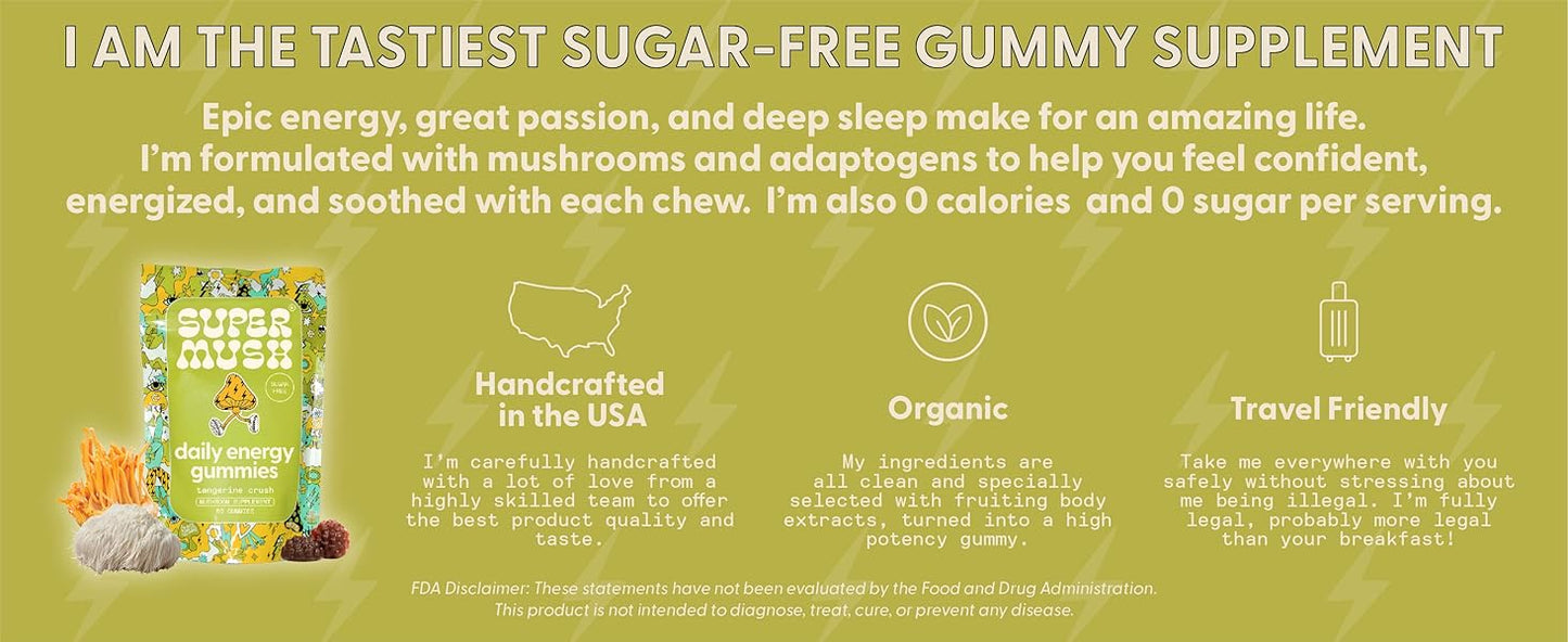 SuperMush, Energy Mushroom Gummies - Organic Lions Mane Supplement with Cordyceps, Rhodiola, L-Theanine, Maca - Vegan & Sugar-Free - Energy, Focus, Stamina, Stress Reduction - 60 Gummies (30 Servings)