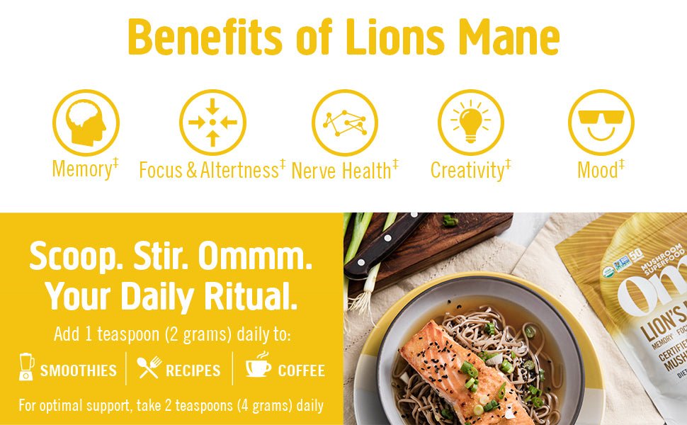 OM, Mushroom Superfood | Lion's Mane | USA Grown Organic Mushrooms | Memory, Focus, Clarity, Nerve Health & Mood Support | 7.05 oz, 100 Servings