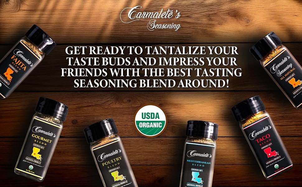 Carmalete's, Organic Taco Seasoning Mix - Mexican Spice Blend, Made for Tacos, Fajitas, Tortilla Wrap, Beef, Chicken, Pork, Fish or Shrimp, Nachos and Dips - 3oz