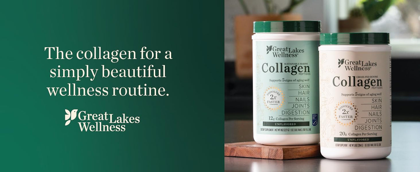 Great Lakes Wellness, Sustainable Marine Collagen Peptides Powder for Skin, Hair, Nails, Joints & Digestion - Unflavored - Quick Dissolve Hydrolyzed, Wild Caught, MSC Certified, Non-GMO, Kosher - 8 oz