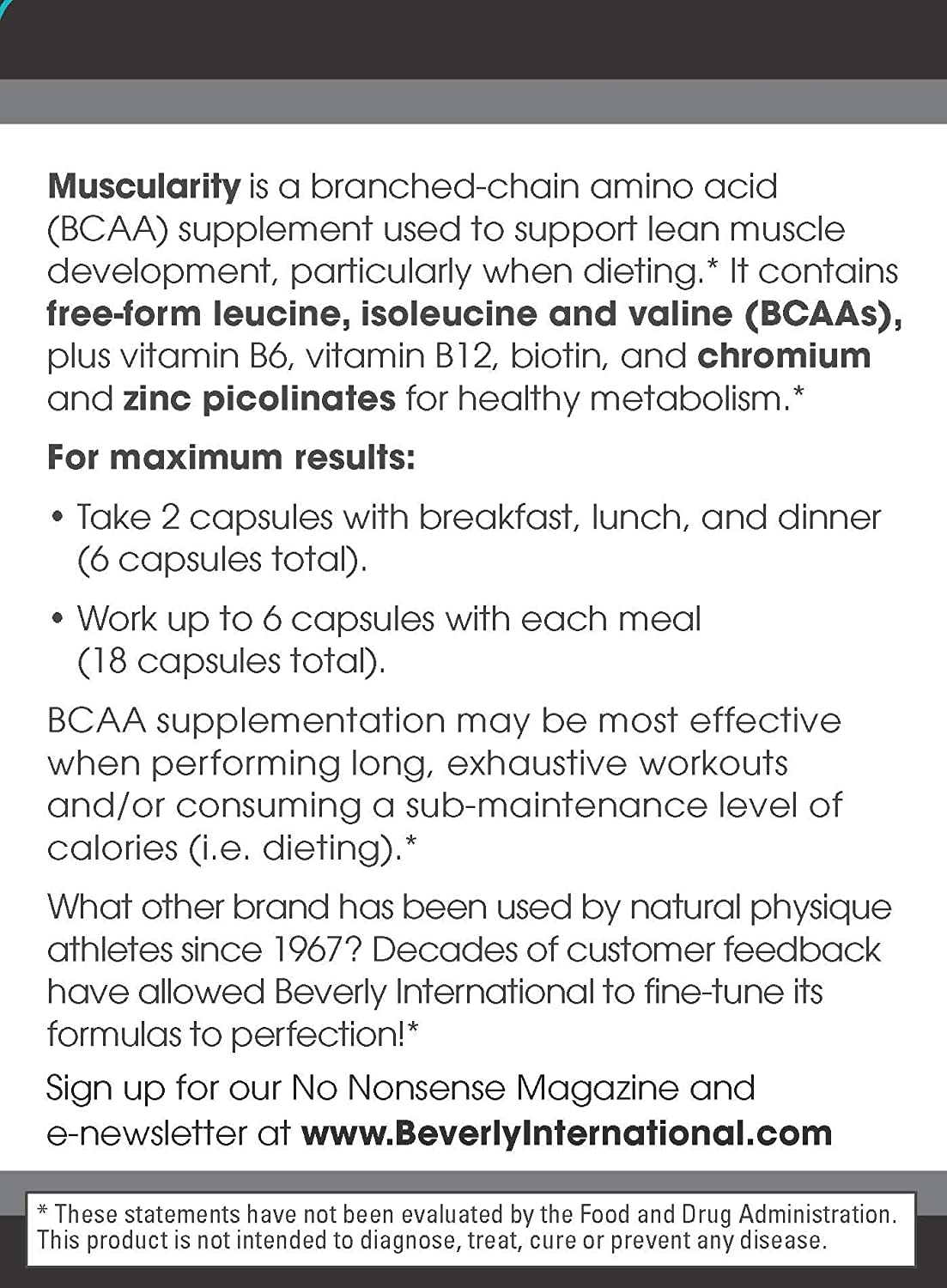 Beverly International Muscularity Specialty BCAA Formula, 180 Capsules. Branched Chain Amino Acids + Chromium Picolinate, B6-B12. Improves Energy Metabolism - Muscle Recovery - Muscle Guard.