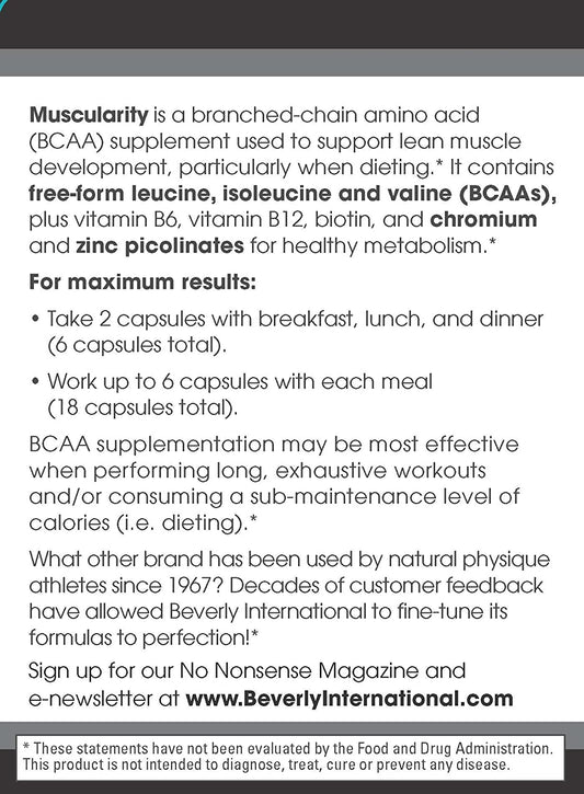 Beverly International Muscularity Specialty BCAA Formula, 180 Capsules. Branched Chain Amino Acids + Chromium Picolinate, B6-B12. Improves Energy Metabolism - Muscle Recovery - Muscle Guard.
