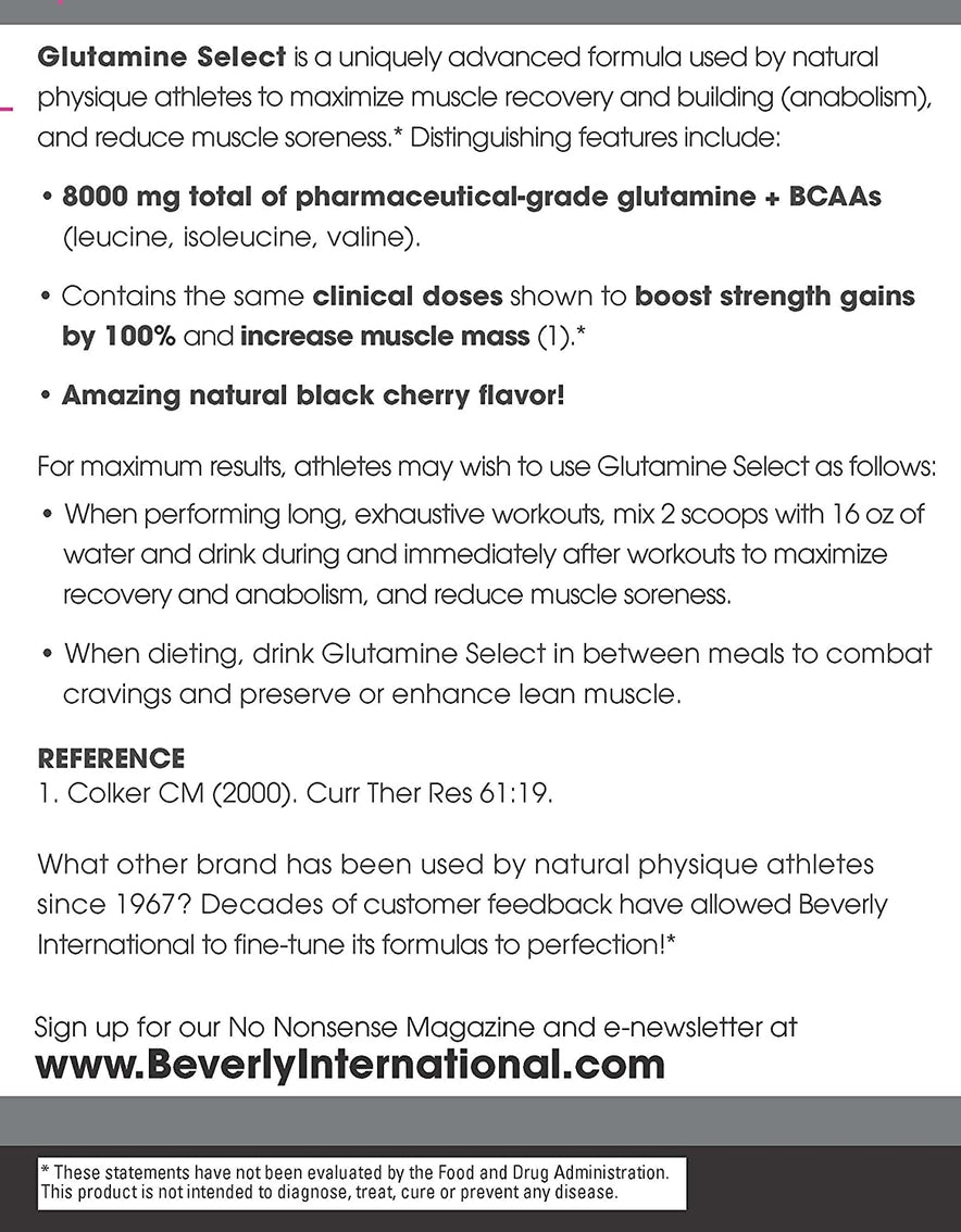 Beverly International Glutamine Select, 60 Servings. Clinically Dosed L-Glutamine and Amino Acid Formula for Lean Muscle and Recovery. Sugar-Free Powder. BCAA’s. (BLACK CHERRY)