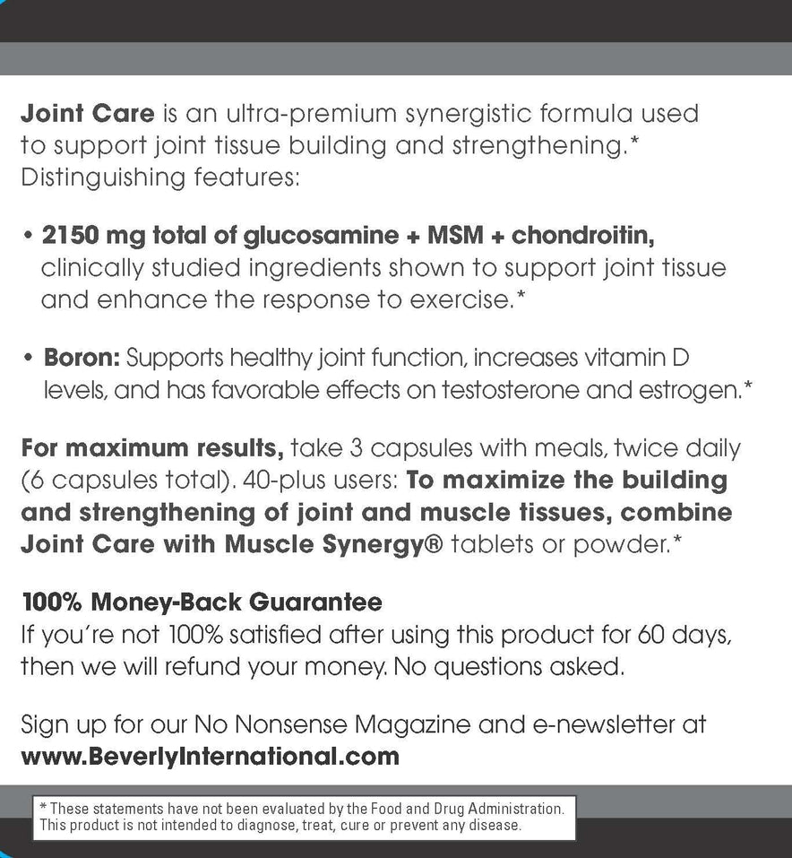 Beverly International Joint Care, 90 capsules. All Over Joint Support. 3-Stage Collagen-Building Formula with Glucosamine, Chondroitin, MSM, Hyaluronic Acid. Increase Mobility with Less Discomfort.
