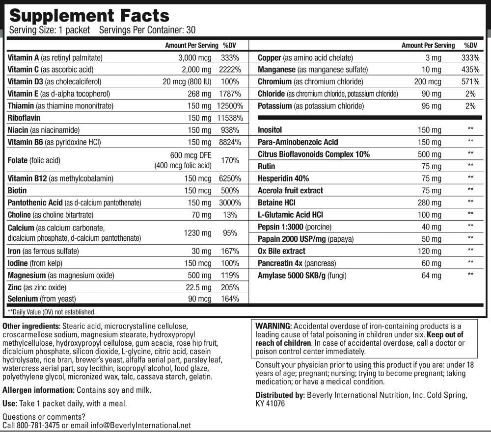Beverly International Super Pak. 30 Packs. High-Potency Multivitamin, Daily Pack for Energy, Performance, Immune System Health. Custom-formulated for Athletes, Active Men and Women since 1970.