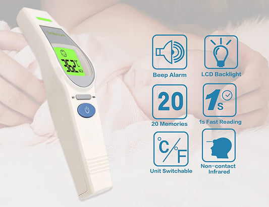 SmileCare, Infrared Forehead Ear Thermometer Non-Contact Digital for Adults and Baby, Instant Readings with Fever Alarm and Object Mode，20 Memory Function（Beige