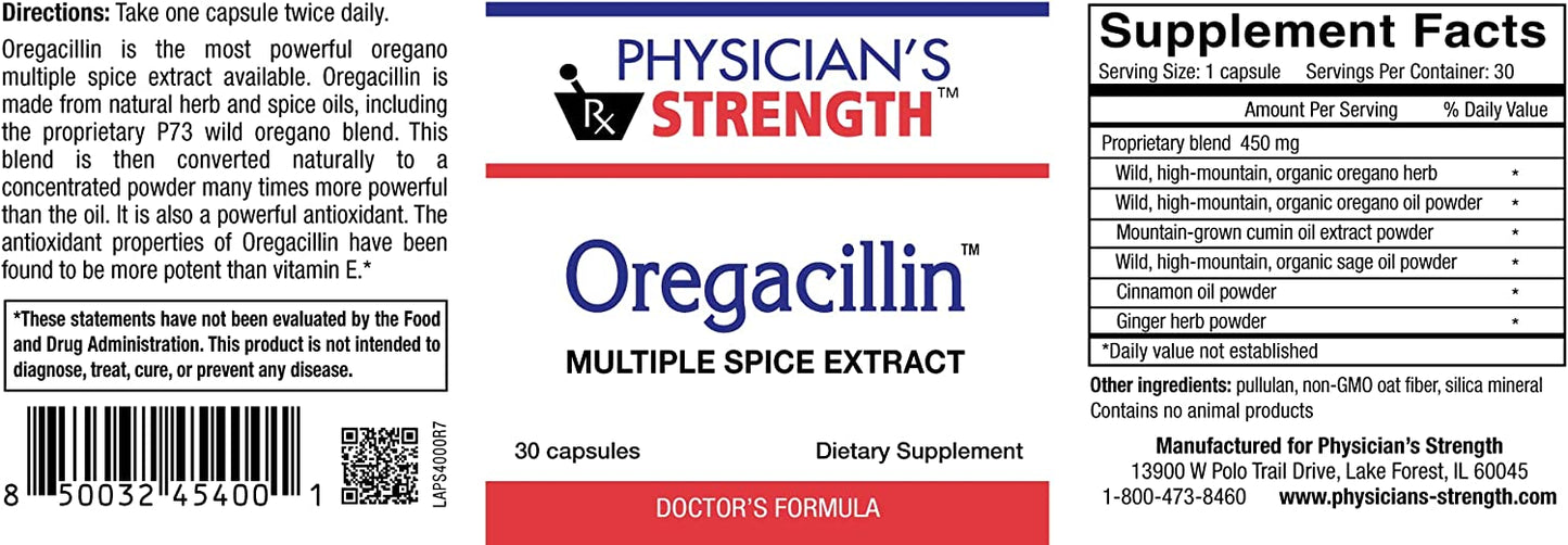 Physician’s Strength,  Oregacillin™, 30 Capsules – All-Natural Dietary Supplement for Adults – Multiple Spice Extract – Made with Organic Oregano Herb – Antioxidant Rich – Recommended for Daily Use