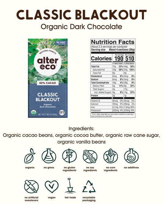 Alter Eco, Classic Blackout | 85% Pure Dark Cocoa, Fair Trade, Organic, Non-GMO, Gluten Free Dark Chocolate Bar, 12 Bars