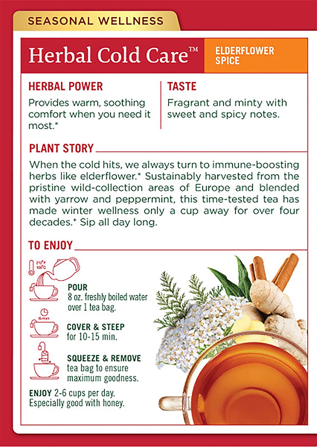 Traditional Medicinals, Organic Herbal Cold Care Elderflower Spice Herbal Tea, Warm & Comforting Seasonal Wellness, (Pack of 2) - 32 Tea Bags Total