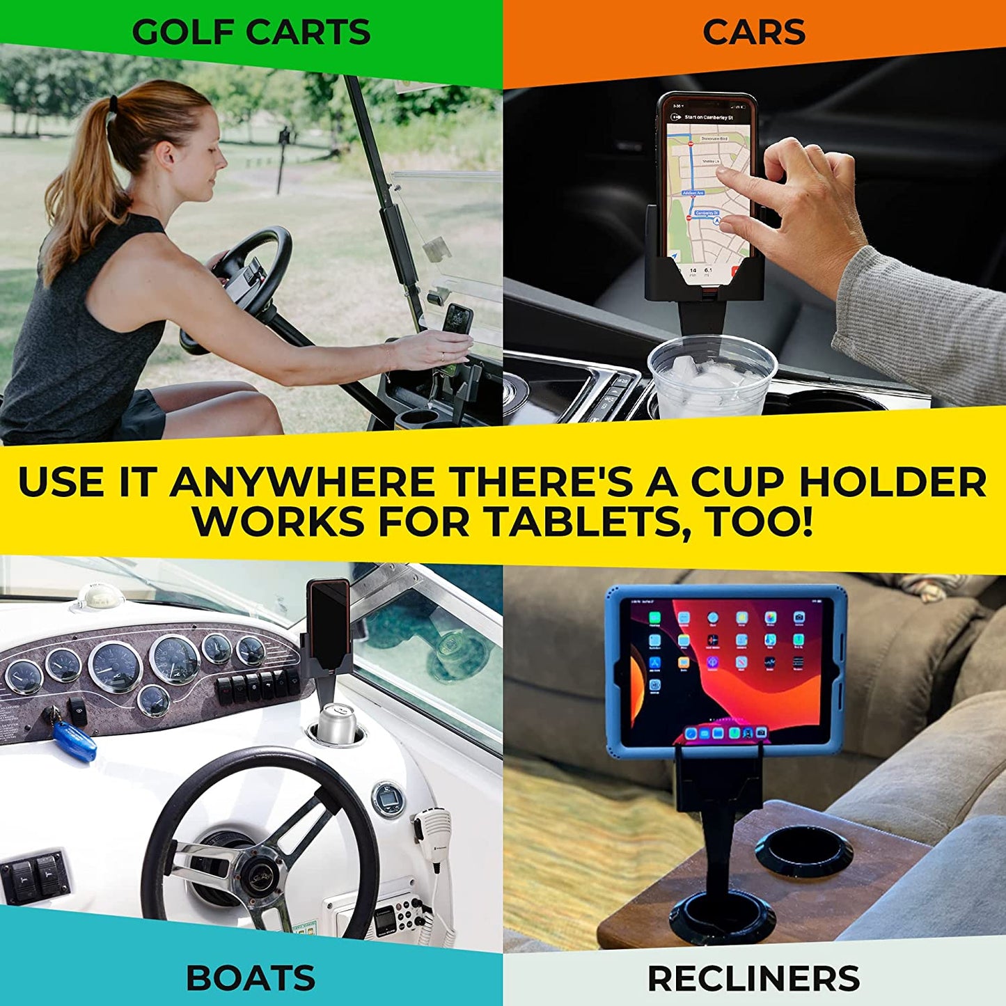CELL PHONE SEAT,  Phone & Cup Holder Made in USA – Fits Phones with or Without Cases in Vertical or Horizontal Position and Doesn’t Block Cup Holder, Charging Ports, Vents, Windshield