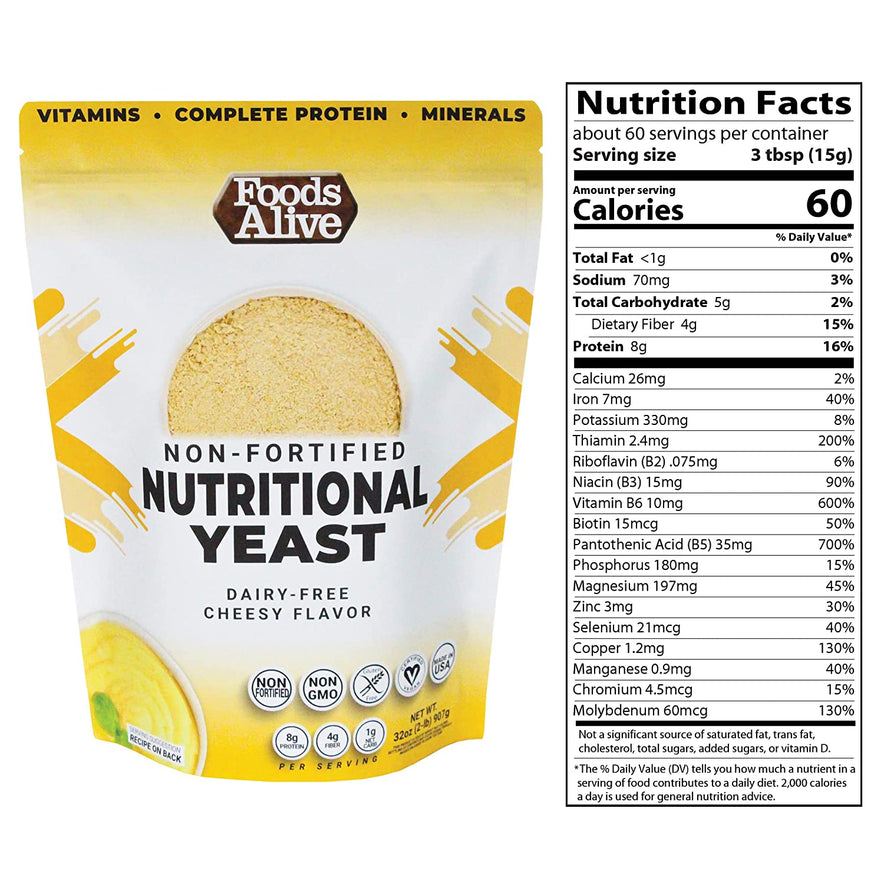 Foods Alive, Nutritional Yeast Flakes - (Bulk 2-lbs) Non-Fortified, Plant Based Cheese Powder Substitute, Vegan Protein Source, Versatile Umami Seasoning for a Wide Range of Dishes