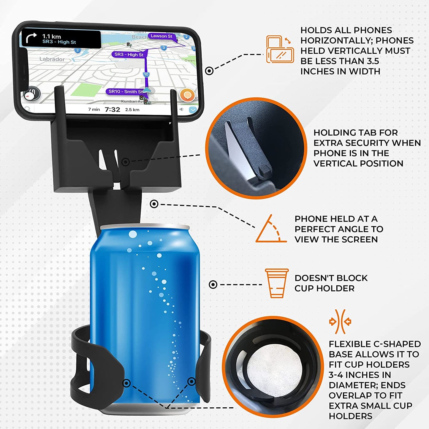 CELL PHONE SEAT,  Phone & Cup Holder Made in USA – Fits Phones with or Without Cases in Vertical or Horizontal Position and Doesn’t Block Cup Holder, Charging Ports, Vents, Windshield