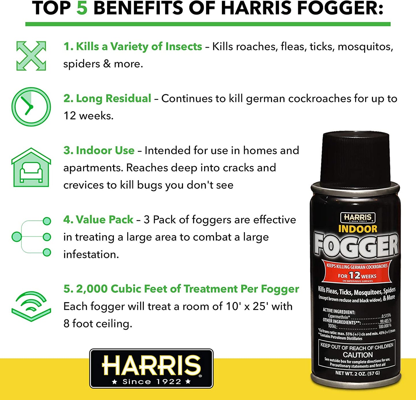 Harris, 12 Week Indoor Insect Fogger, 3 Pack, for Roaches, Fleas, Ticks, Mosquitos, Spiders and More