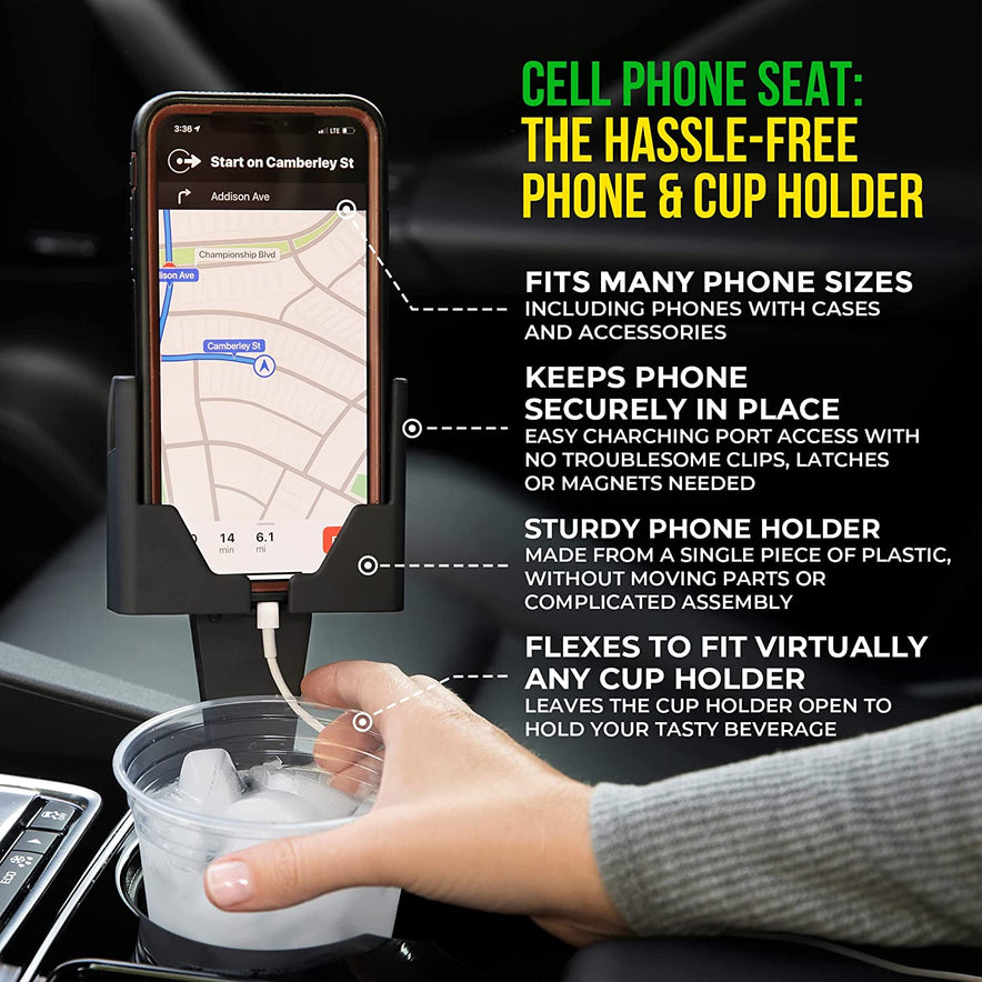 CELL PHONE SEAT,  Phone & Cup Holder Made in USA – Fits Phones with or Without Cases in Vertical or Horizontal Position and Doesn’t Block Cup Holder, Charging Ports, Vents, Windshield